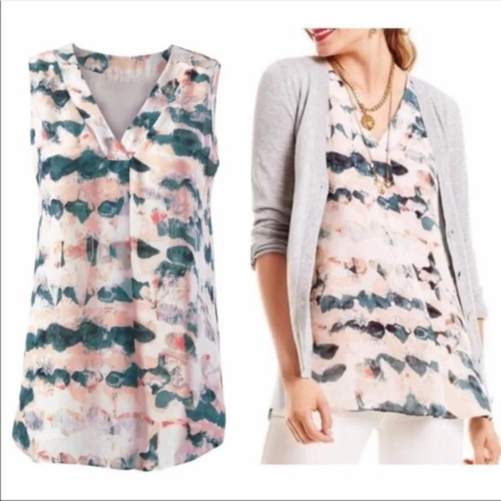 Cabi Womens Small Gelato Watercolor Pink Teal Tunic Blouse Sleeveless